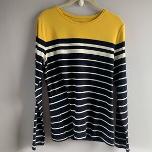 Talbots Knit Top Tee Long Sleeve Yellow Navy Stripes Business Casual Medium